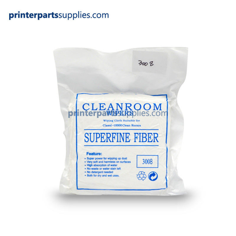 A sealed plastic bag containing CLEANROOM Superfine Fiber non-woven fabric, with a label that includes the product name and count (3006).
